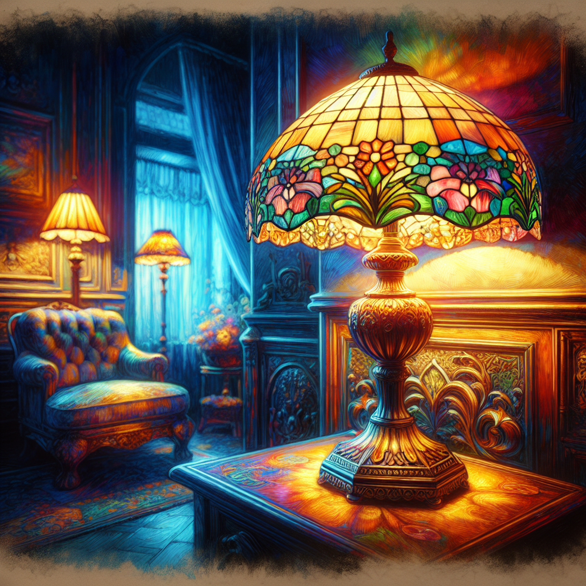 Tiffany style lamp casting warm glow over antique furniture