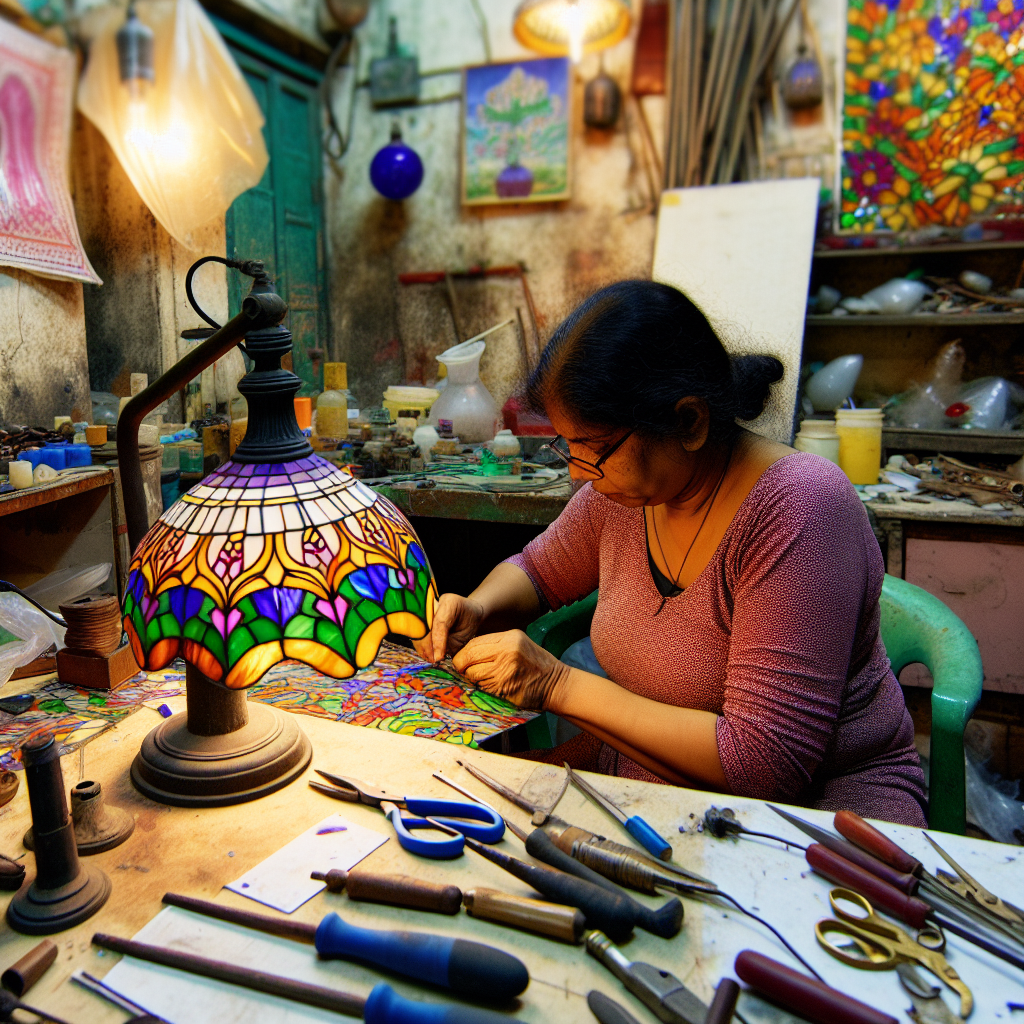 Artisan crée une lampe Tiffany colorée méticuleusement.