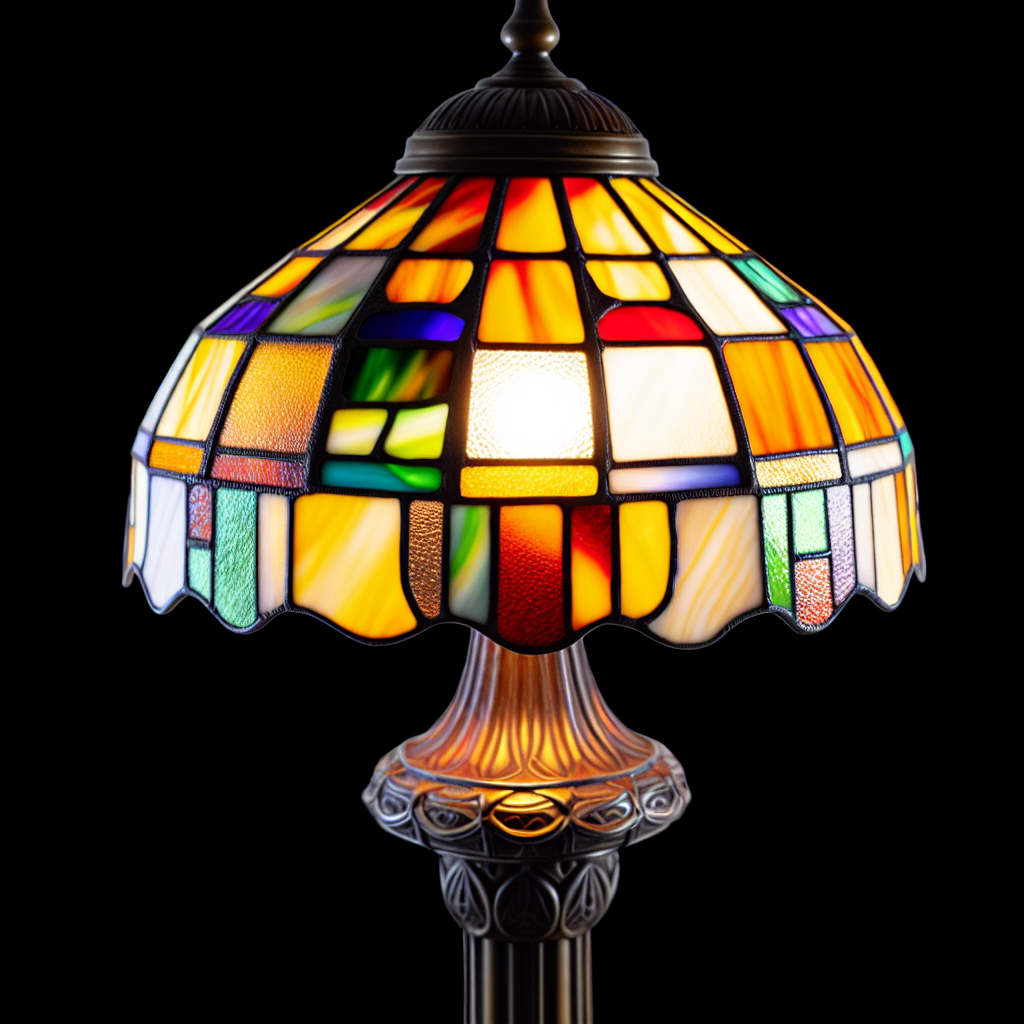 Lampadaire Tiffany antique avec vitrail coloré exposé.