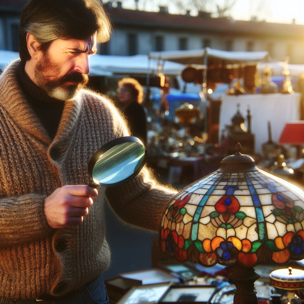 Un collectionneur examine une lampe Tiffany à une brocante.