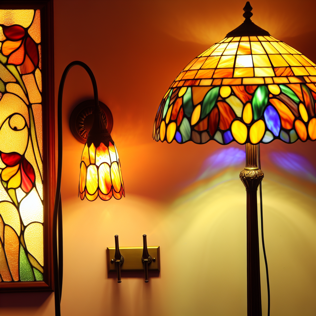 Lampes Tiffany en vitrail, lampadaire et appliques.