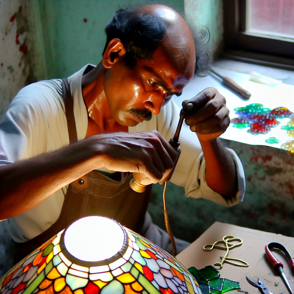 Un artisan assemble minutieusement une lampe Tiffany.