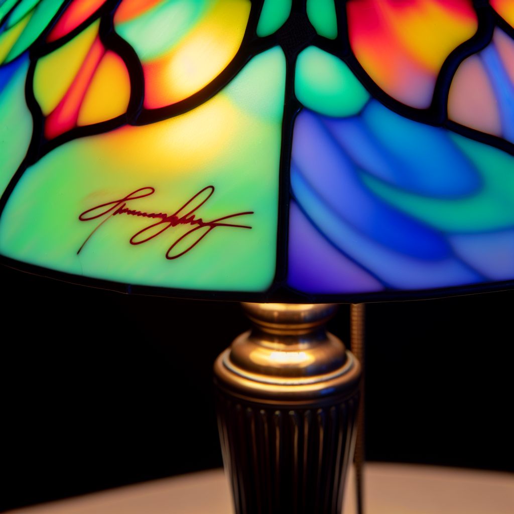 Une lampe Tiffany colorée avec signature cachée.